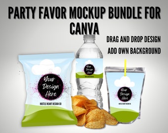 Party Favor Mockup Bundle, Chip bag, Juice Pouch, Water Bottle Mockup, Canva Frame Mockup Bundle, Drag and Drop Add your own background