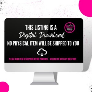 May include: A black computer screen with white text that reads "THIS LISTING IS A Digital Download NO PHYSICAL ITEM WILL BE SHIPPED TO YOU PLEASE READ ITEM DESCRIPTION BEFORE PURCHASE. MESSAGE ME WITH ANY QUESTIONS". The screen is on a white background.