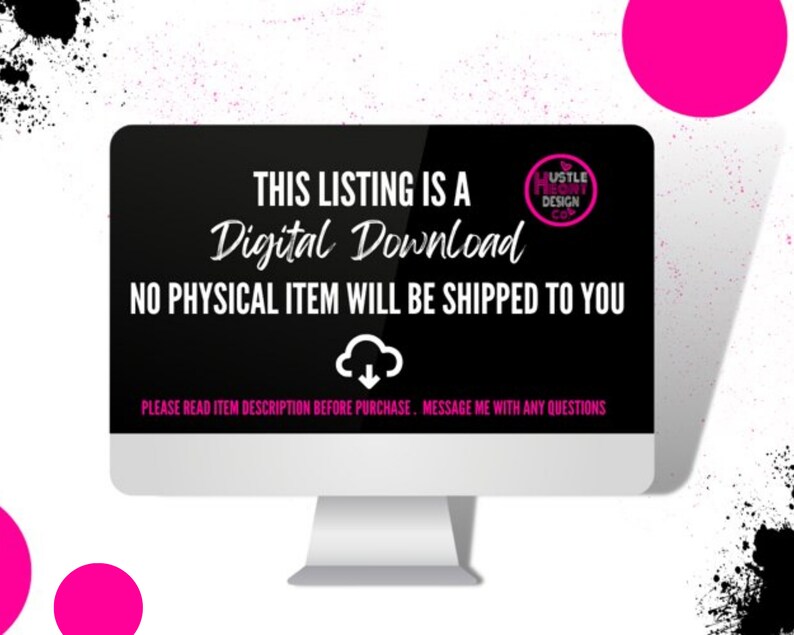 May include: A black computer screen with white text that reads "THIS LISTING IS A Digital Download NO PHYSICAL ITEM WILL BE SHIPPED TO YOU PLEASE READ ITEM DESCRIPTION BEFORE PURCHASE. MESSAGE ME WITH ANY QUESTIONS". The screen is on a white background.