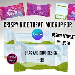 Crispy Rice Treat wrapper Mockup for Canva, Party favor mockup, add your own front and back design and add background, Crispy Rice Template