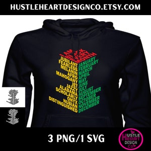 Può includere: Felpa con cappuccio nera con un design grafico di un cubo 3D con le parole "I Am Black Every Month" e i mesi dell'anno elencati in una colonna. Le parole sono in rosso, verde e giallo.
