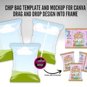CANVA Chip Bag Template with Chip Bag Mockup,  chip bag template, editable chip bag, customizable chip bag template, personalized chip bag