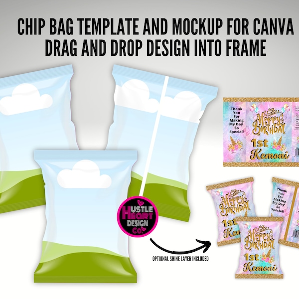 CANVA Chip Bag Template with Chip Bag Mockup,  chip bag template, editable chip bag, customizable chip bag template, personalized chip bag