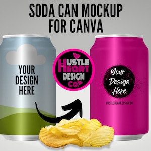 May include: Mockup of two soda cans with customizable design space. One can is silver with a blue sky and green grass design. The other can is pink with a black circle for text. Both cans have the text "Your Design Here".
