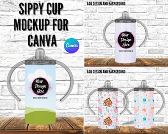 May include: A mockup of a white sippy cup with two handles. The cup is on a wooden surface with a brick wall background. The text "Your Design Here" is on the cup. The text "Hustle Heart Design Co" is below the design.