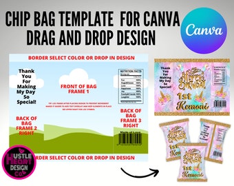 May include: A printable chip bag template for Canva featuring a unicorn theme with a pink, blue, and gold color scheme. The template includes a front and back design with text that says "Happy Birthday" and "1st Kemoni".