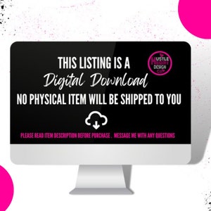 May include: A black computer screen with white text that reads "THIS LISTING IS A Digital Download NO PHYSICAL ITEM WILL BE SHIPPED TO YOU PLEASE READ ITEM DESCRIPTION BEFORE PURCHASE. MESSAGE ME WITH ANY QUESTIONS". The screen is surrounded by a white border and a white background.