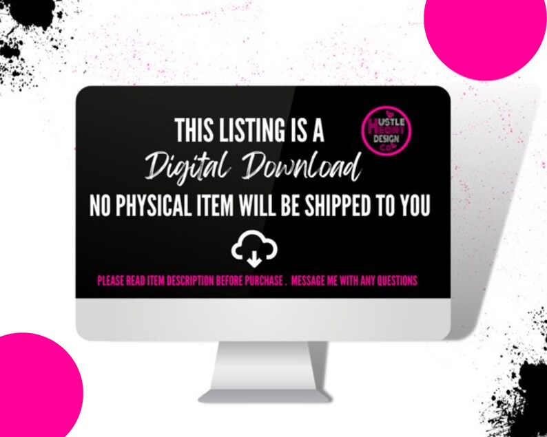 May include: A black computer screen with white text that reads "THIS LISTING IS A Digital Download NO PHYSICAL ITEM WILL BE SHIPPED TO YOU PLEASE READ ITEM DESCRIPTION BEFORE PURCHASE. MESSAGE ME WITH ANY QUESTIONS". The screen is surrounded by a white border and a white background.