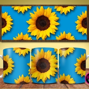 May include: White ceramic mug with a blue background and a repeating pattern of yellow sunflowers. The mug has a handle on the left side.