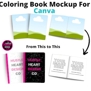 Puede incluir: Una maqueta que muestra c&oacute;mo usar una plantilla de Canva para crear un libro para colorear. La plantilla presenta un dise&ntilde;o en blanco y negro con el texto "Hustle Heart Design Co." y un espacio en blanco para una imagen. La maqueta muestra c&oacute;mo agregar tu propia imagen a la plantilla.