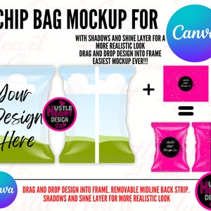Chip Bag Mockup for Canva,  chip bag , editable chip bag, customizable chip bag , personalized chip bag, Drag and Drop