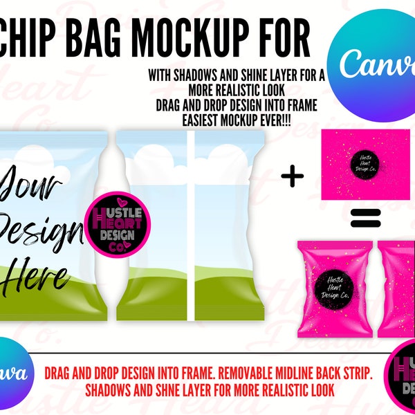 Chip Bag Mockup for Canva,  chip bag , editable chip bag, customizable chip bag , personalized chip bag, Drag and Drop