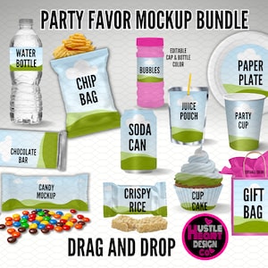 Party Favor Mockup Bundle, Chip bag, Juice Pouch, Water Bottle Mockup, Canva Frame Mockup Bundle, Drag and Drop Add your own background