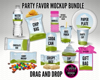 Party Favor Mockup Bundle, Chip bag, Juice Pouch, Water Bottle Mockup, Canva Frame Mockup Bundle, Drag and Drop Add your own background