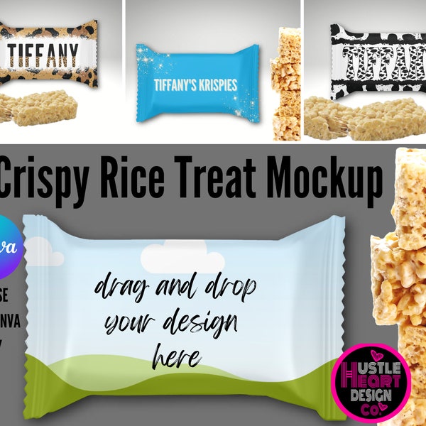 Crispy Rice Treat Wrapper Mockup für Canva, Partybevorzugung Mockup, fügen Sie Ihr eigenes Design hinzu und fügen Sie Hintergrund hinzu