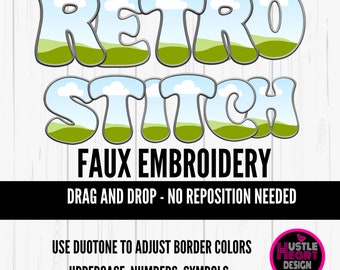 Retro  Faux Embroidery Letters , Canva Frames, Digital Stitch Alpha PNG, Faux Embroidery canva template , drag and drop canva frames