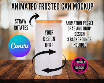 Rotating Frosted Glass Can Mockup, Animated canva mockup, 16oz frosted glass can tumbler Canva  Mockup Canva Frame mockup