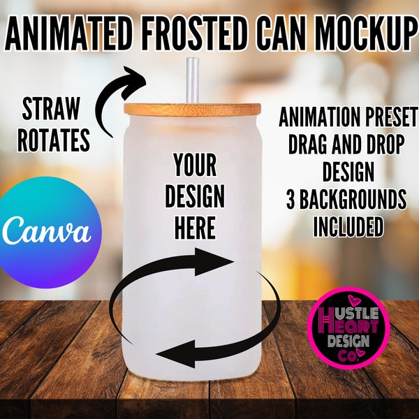 Rotating Frosted Glass Can Mockup, Animated canva mockup, 16oz frosted glass can tumbler Canva  Mockup Canva Frame mockup