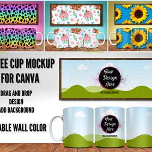Plantilla de maqueta de taza de café para canva, taza de café, maqueta de arrastrar y soltar, agregar su propio diseño y fondo, marco de Canva de uso comercial