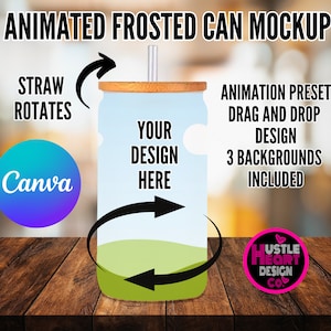 Rotating Frosted Glass Can Mockup, Animated canva mockup, 16oz frosted glass can tumbler Canva  Mockup Canva Frame mockup