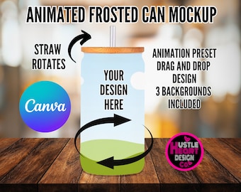 Rotating Frosted Glass Can Mockup, Animated canva mockup, 16oz frosted glass can tumbler Canva  Mockup Canva Frame mockup