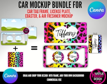 Car Sublimation Mockup Bundle for Canva, Air Freshner Mockup, License Plate, Car Tag Mockup, Coaster Mockup, Canva Template, Drag and Drop