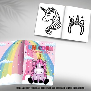 Puede incluir: Un libro para colorear con un unicornio en la portada. El unicornio es rosa y blanco con un arco&iacute;ris y estrellas en el fondo. El texto en la portada dice "UNICORN COLORING BOOK".