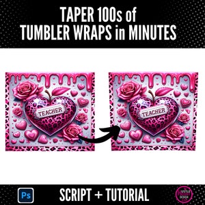 Puede incluir: Un diseño digital que presenta un corazón rosa con un patrón de estampado de leopardo y la palabra "TEACHER" en su interior. El corazón está rodeado de rosas rosas, corazones y caramelos. El diseño es perfecto para crear vasos personalizados.