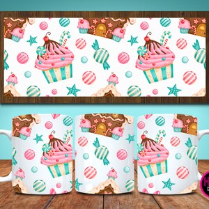 May include: White ceramic mug with a colorful pattern of gingerbread houses, candy canes, cupcakes, and candy. The pattern is repeated on the mug.