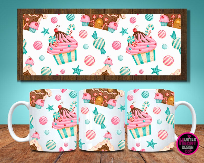 May include: White ceramic mug with a colorful pattern of gingerbread houses, candy canes, cupcakes, and candy. The pattern is repeated on the mug.