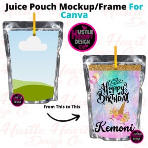 Juice pouch label sticker mockup, Canva Juice Pouch Label Mockup, Canva Template Frame, Custom Canva Frame Add your own image and background