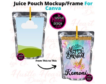 Juice pouch label sticker mockup, Canva Juice Pouch Label Mockup, Canva Template Frame, Custom Canva Frame Add your own image and background