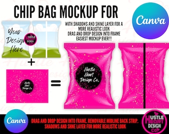Chip Bag Mockup for Canva,  chip bag template, editable chip bag, customizable chip bag template, personalized chip bag, Drag and Drop