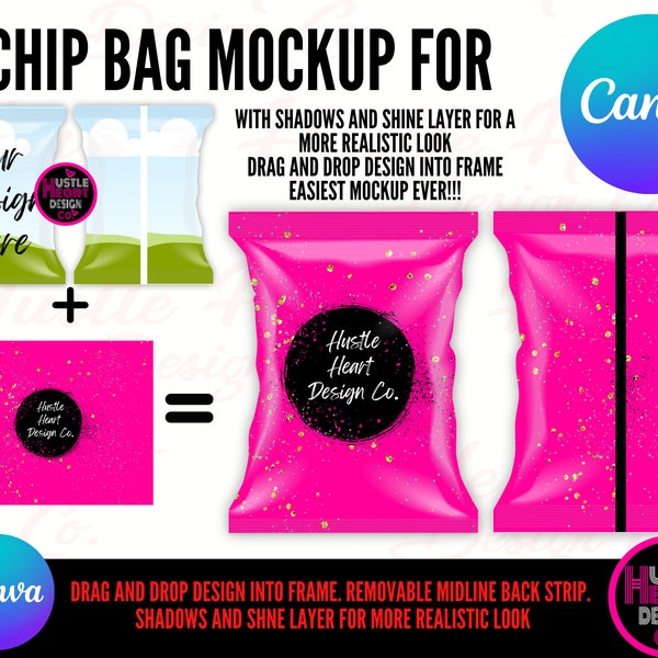 Chip Bag Mockup for Canva,  chip bag template, editable chip bag, customizable chip bag template, personalized chip bag, Drag and Drop