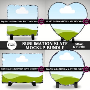 Op de afbeelding: Vier sublimatieschalie-mockups in verschillende vormen: vierkant, hartvormig, rechthoekig en rond. Elke schalie heeft een blauwe lucht met een witte wolk en groene heuvels. De tekst "Sublimation Slate Mockup Bundle" wordt in het midden van de afbeelding weergegeven.