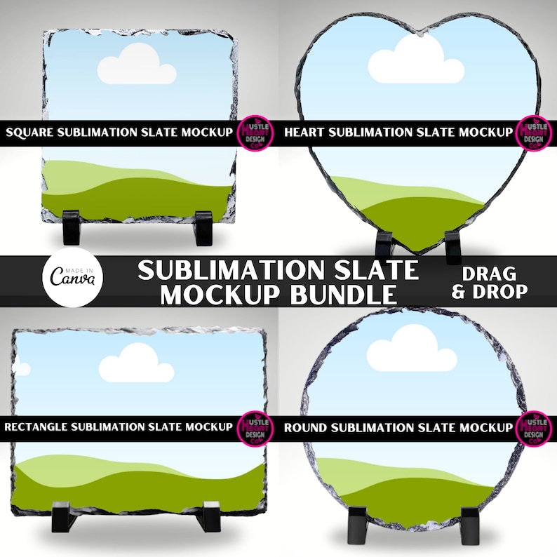 May include: A set of four sublimation slate mockups, including square, heart, rectangle, and round shapes. Each slate features a blue sky with a white cloud and green hills. The text "Sublimation Slate Mockup Bundle" is displayed in the center of the image.