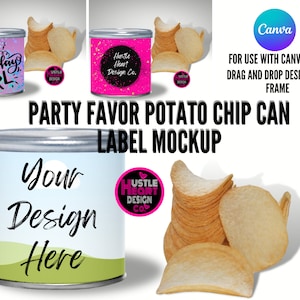 May include: A mockup of a potato chip can label with a blue and green background. The text "Your Design Here" is written in black. The can is surrounded by potato chips.