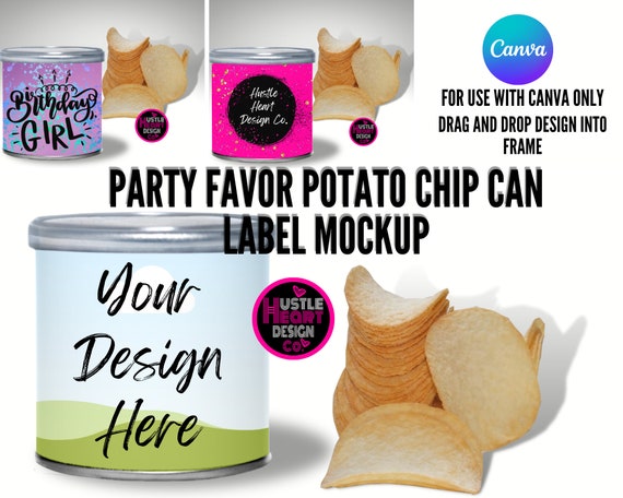 Chip Can Label Mockup For Canva, Party Favor Potato chip mockup, Add Your Design and background, Drag and Drop Canva Frame Template