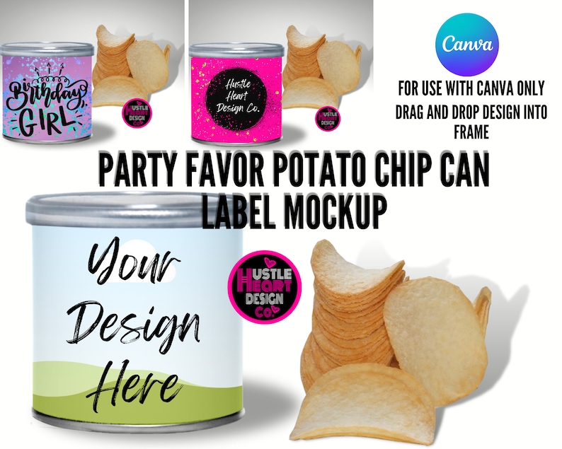 May include: A mockup of a potato chip can label with a blue and green background. The text "Your Design Here" is written in black. The can is surrounded by potato chips.
