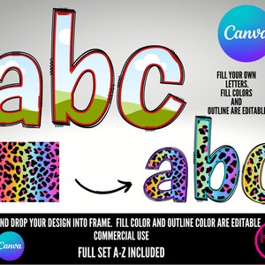 Minúsculas Llene sus propias letras Doodle en CANVA, letras del alfabeto, plantilla de marco de Canva editable, sublimación Arrastrar y soltar Alphaset