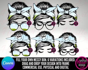May include: Six variations of a black and white illustration of a woman with a messy bun, a headband, and glasses. The woman's hair is pulled back into a messy bun, and she is wearing a headband with a bow. She has glasses with a light blue frame and a light blue headband. The illustrations are in black and white.