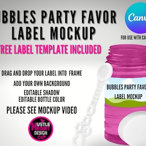 Party favor bubble label mockup with FREE LABEL Template for Canva,  Add your own image and background, Canva Drag and drop mockup