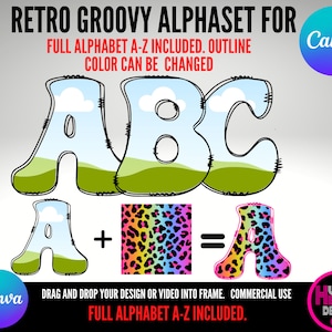 Canva Frame Doodle Letters Template, Fill your own Doodle Letters on CANVA Drag and Drop Alphaset Alphabet Letters, Retro Groovy Alphaset