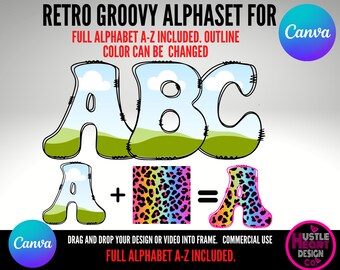 Canva Frame Doodle Letters Template, Fill your own Doodle Letters on CANVA Drag and Drop Alphaset Alphabet Letters, Retro Groovy Alphaset