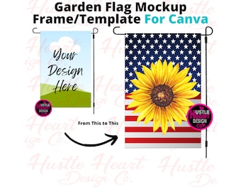Puede incluir: Una plantilla de maqueta para crear banderas de jardín en Canva. La plantilla muestra una bandera en blanco con el texto "Your Design Here" y una bandera con un diseño de girasol sobre un fondo de bandera estadounidense.