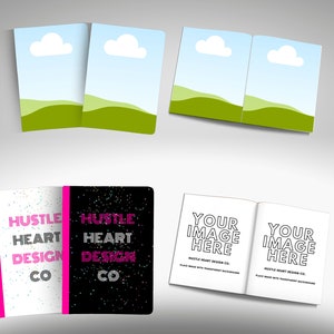 Puede incluir: Dos cuadernos abiertos con dise&ntilde;os diferentes. El cuaderno de la izquierda tiene una portada blanca con confeti blanco y negro y el texto "Hustle Heart Design Co." en rosa. El cuaderno de la derecha tiene una portada negra con confeti blanco y negro y el texto "Hustle Heart Design Co." en rosa. El segundo conjunto de cuadernos tiene una portada blanca con el texto "Your Image Here" y "Hustle Heart Design Co. Place image with transparent background." El segundo cuaderno tiene el mismo texto.