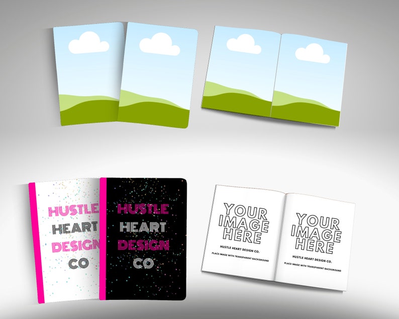 Puede incluir: Dos cuadernos abiertos con dise&ntilde;os diferentes. El cuaderno de la izquierda tiene una portada blanca con confeti blanco y negro y el texto "Hustle Heart Design Co." en rosa. El cuaderno de la derecha tiene una portada negra con confeti blanco y negro y el texto "Hustle Heart Design Co." en rosa. El segundo conjunto de cuadernos tiene una portada blanca con el texto "Your Image Here" y "Hustle Heart Design Co. Place image with transparent background." El segundo cuaderno tiene el mismo texto.