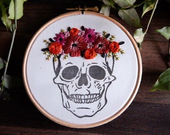 Skull | Embroidery Kit, floral skull embroidery kit, beginners kit, diy embroidery kit