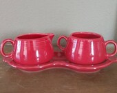Red Homer Laughlin Fiestaware Creamer Sugar Tray Table Setting Coffee Tea Breakfast Brunch Functional Decor Accent Classic Stoneware Gift