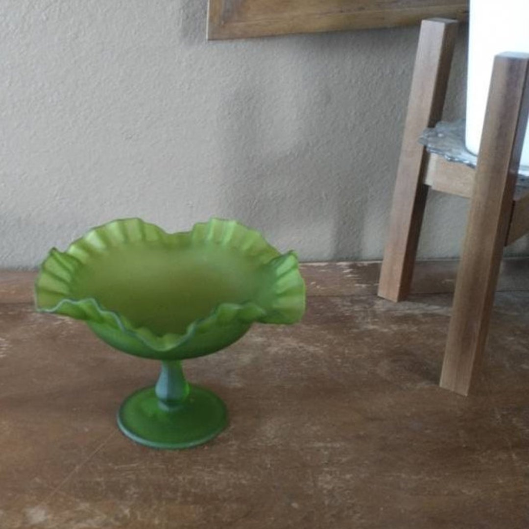 Satin Frosted Ruffled Green Glass Bowl Footed Pedestal Candy Etsy
